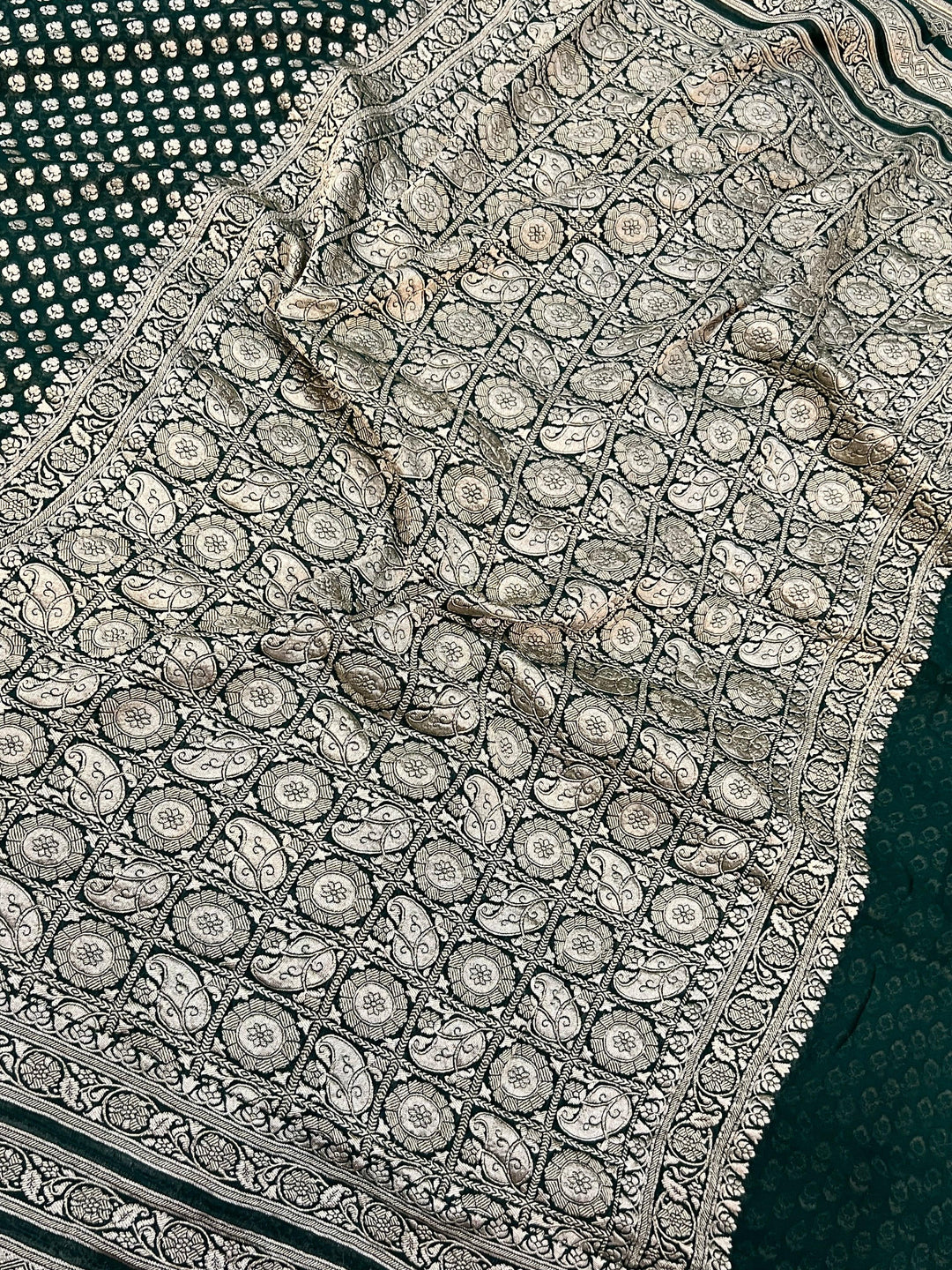 Bottle Green Pure Banarasi Khaddi Georgette Saree - Aura Benaras