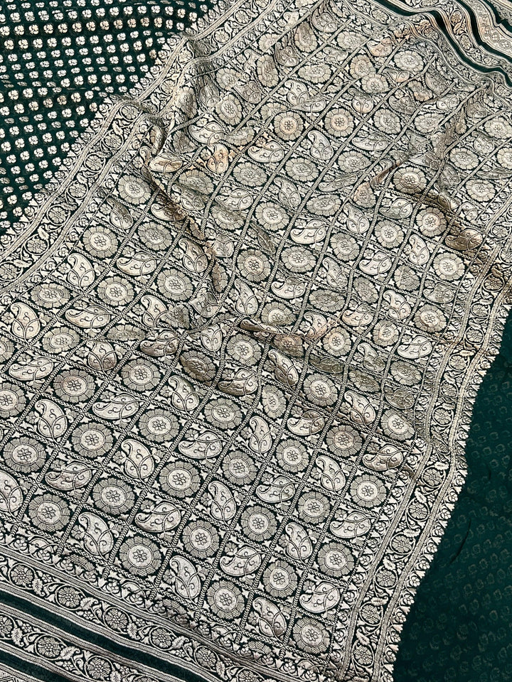 Bottle Green Pure Banarasi Khaddi Georgette Saree - Aura Benaras