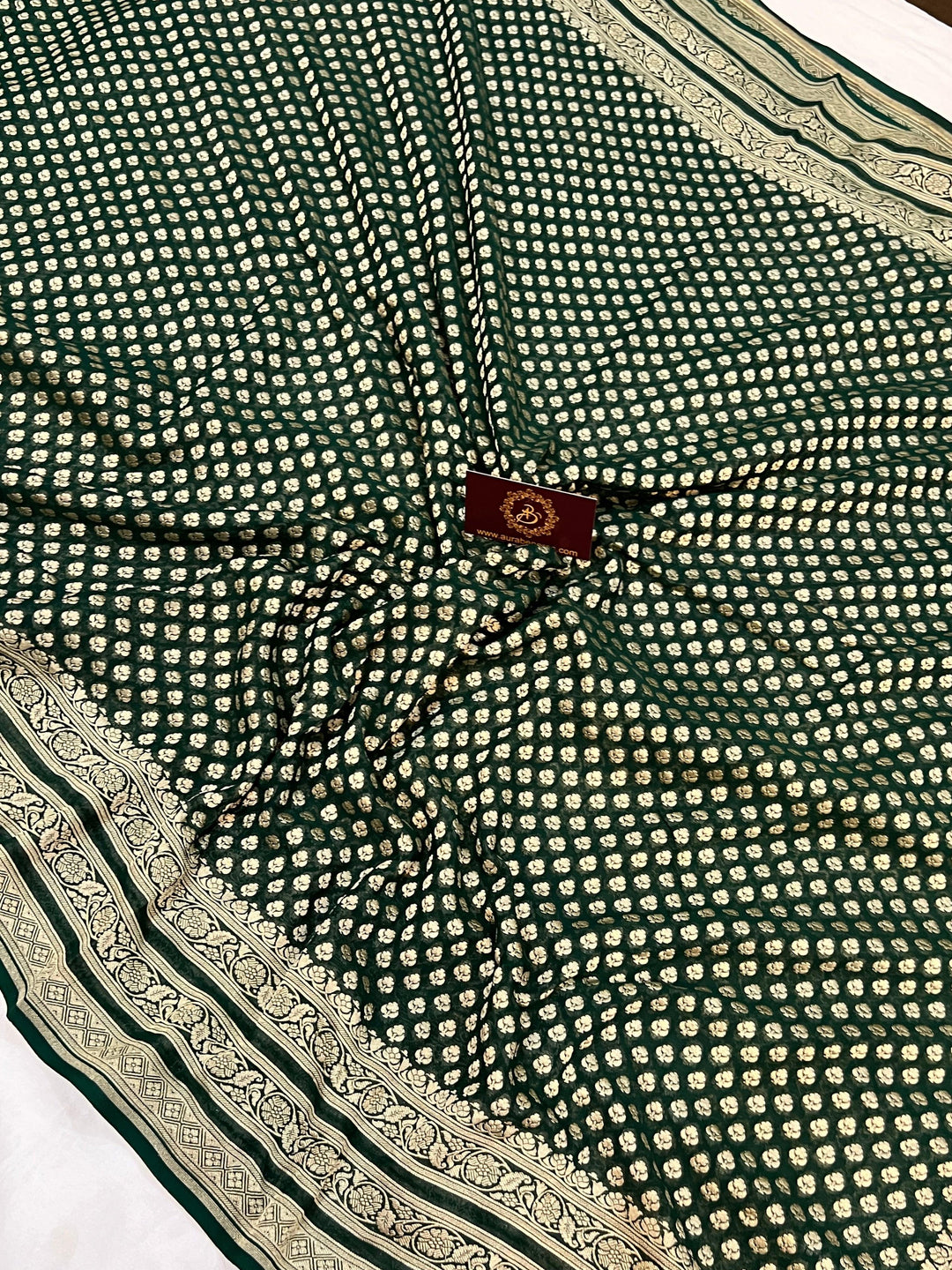 Bottle Green Pure Banarasi Khaddi Georgette Saree - Aura Benaras