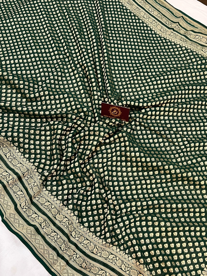 Bottle Green Pure Banarasi Khaddi Georgette Saree - Aura Benaras