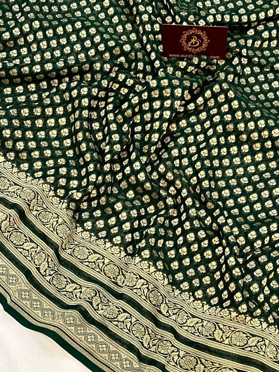 Bottle Green Pure Banarasi Khaddi Georgette Saree - Aura Benaras