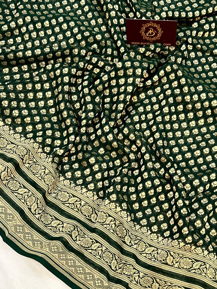 Bottle Green Pure Banarasi Khaddi Georgette Saree - Aura Benaras