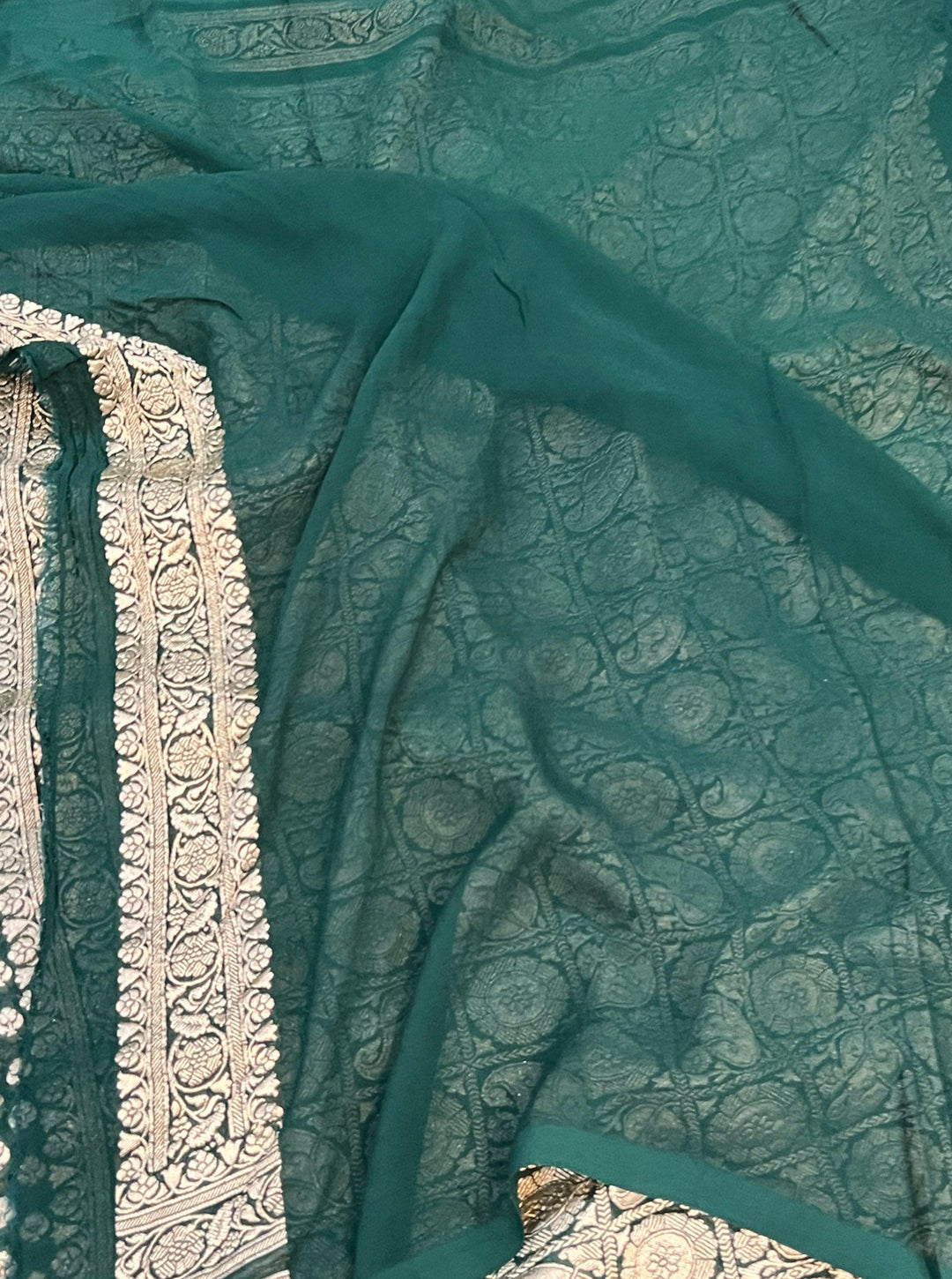 Bottle Green Pure Banarasi Khaddi Georgette Saree - Aura Benaras