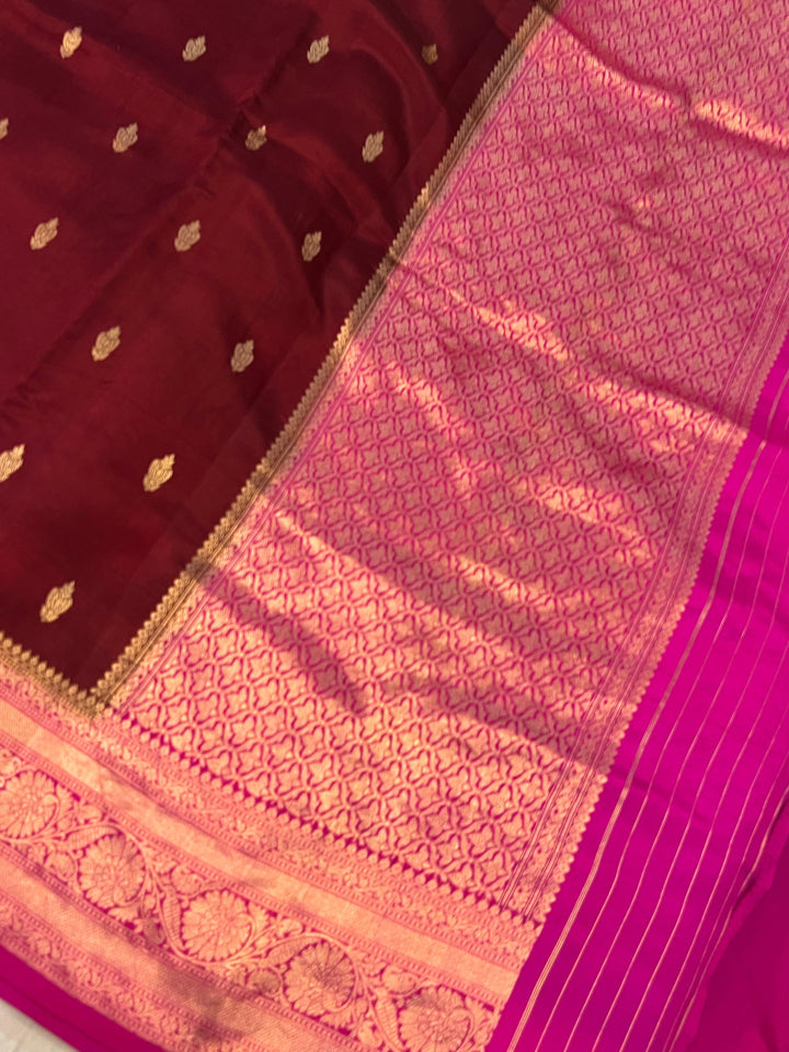 Brown Pure Banarasi Handloom Silk Saree Online | Aura Benaras