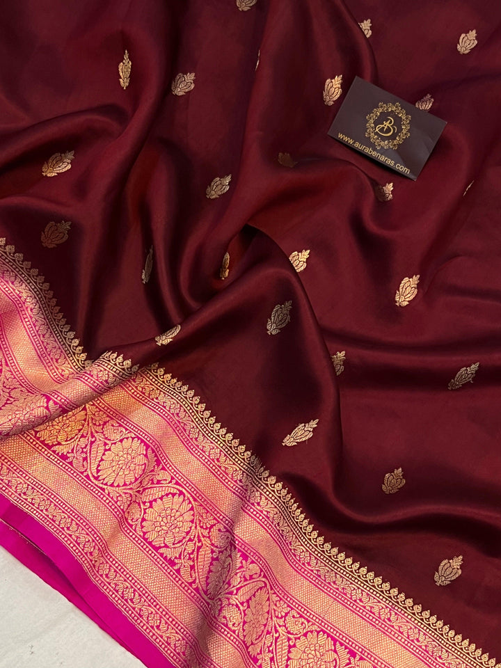 Brown Pure Banarasi Handloom Silk Saree Online | Aura Benaras