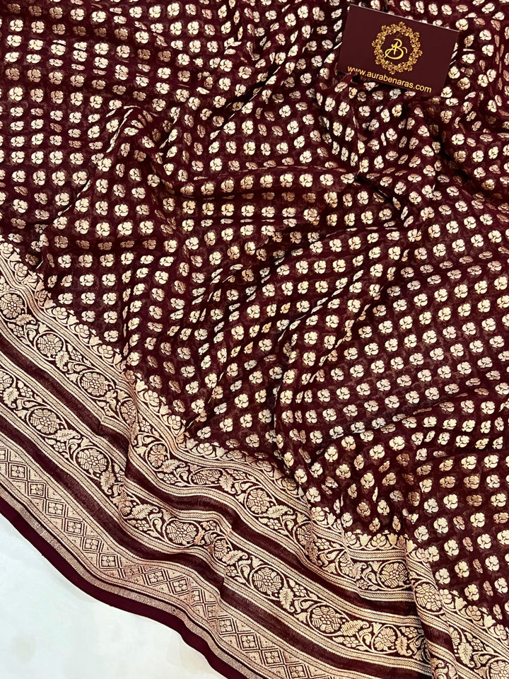 Deep Maroon Pure Banarasi Khaddi Georgette Saree - Aura Benaras