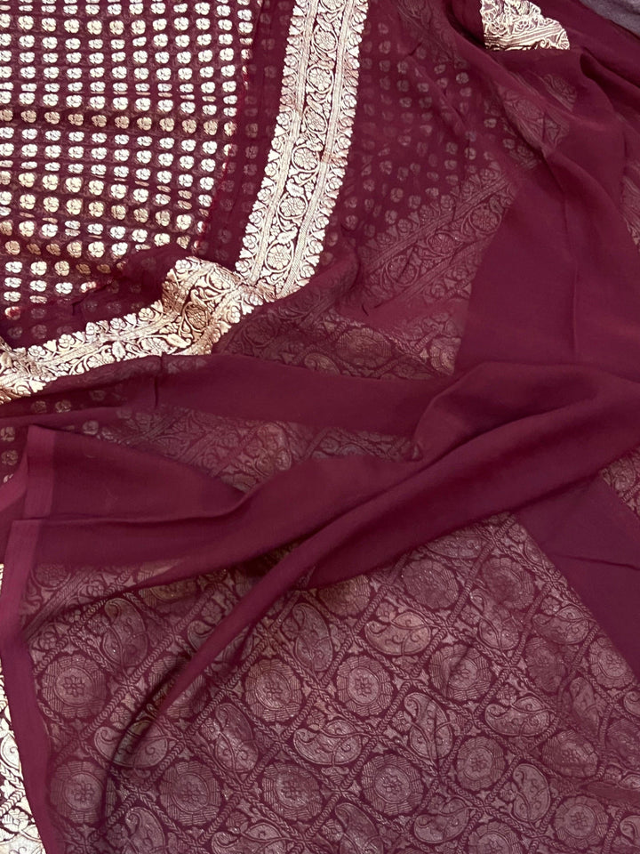 Deep Maroon Pure Banarasi Khaddi Georgette Saree - Aura Benaras