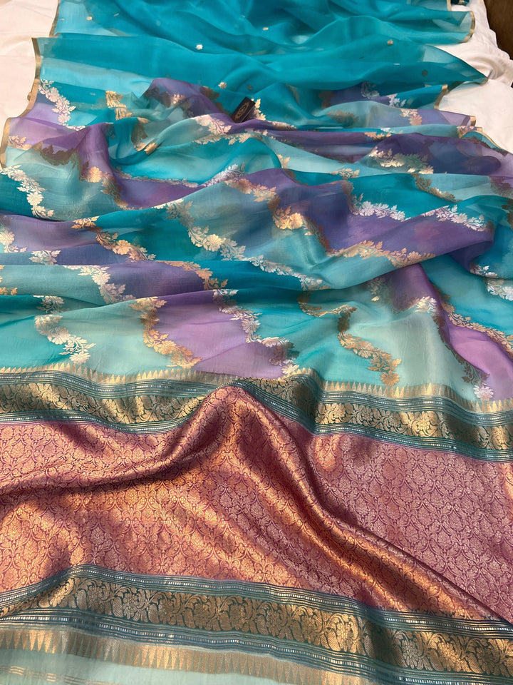 Blue Rangkaat Banarasi Handloom Kora Silk Saree - Aura Benaras