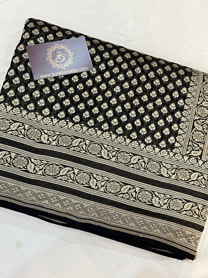 Black Pure Banarasi Khaddi Georgette Saree - Aura Benaras