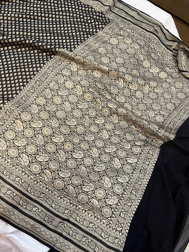 Black Pure Banarasi Khaddi Georgette Saree - Aura Benaras