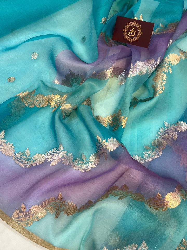 Blue Rangkaat Banarasi Handloom Kora Silk Saree - Aura Benaras