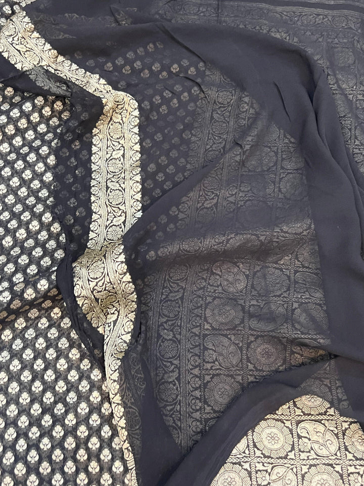 Black Pure Banarasi Khaddi Georgette Saree - Aura Benaras