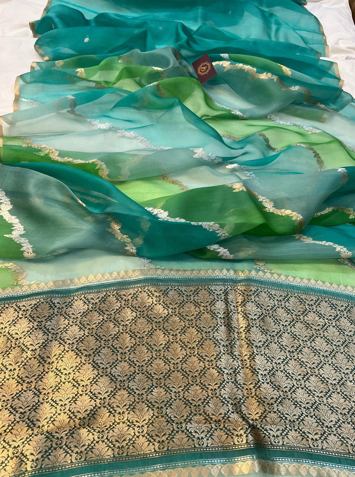 Dusky Green Rangkaat Banarasi Handloom Kora Silk Saree - Aura Benaras
