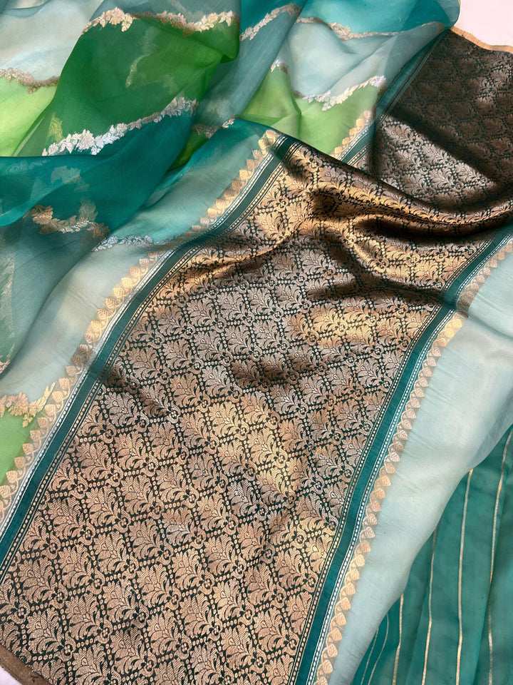 Dusky Green Rangkaat Banarasi Handloom Kora Silk Saree - Aura Benaras