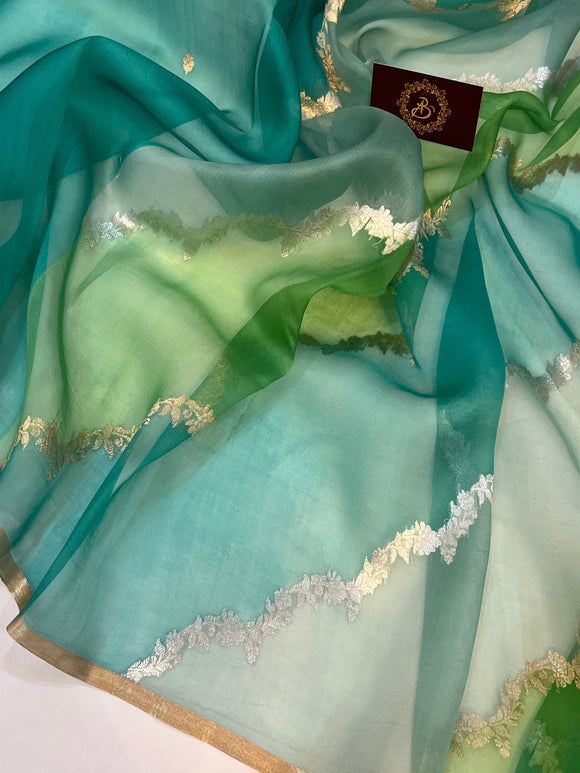 Dusky Green Rangkaat Banarasi Handloom Kora Silk Saree - Aura Benaras