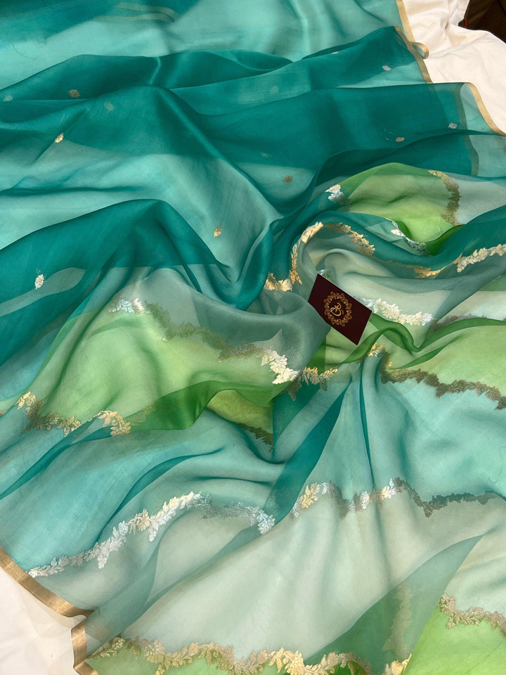 Dusky Green Rangkaat Banarasi Handloom Kora Silk Saree - Aura Benaras