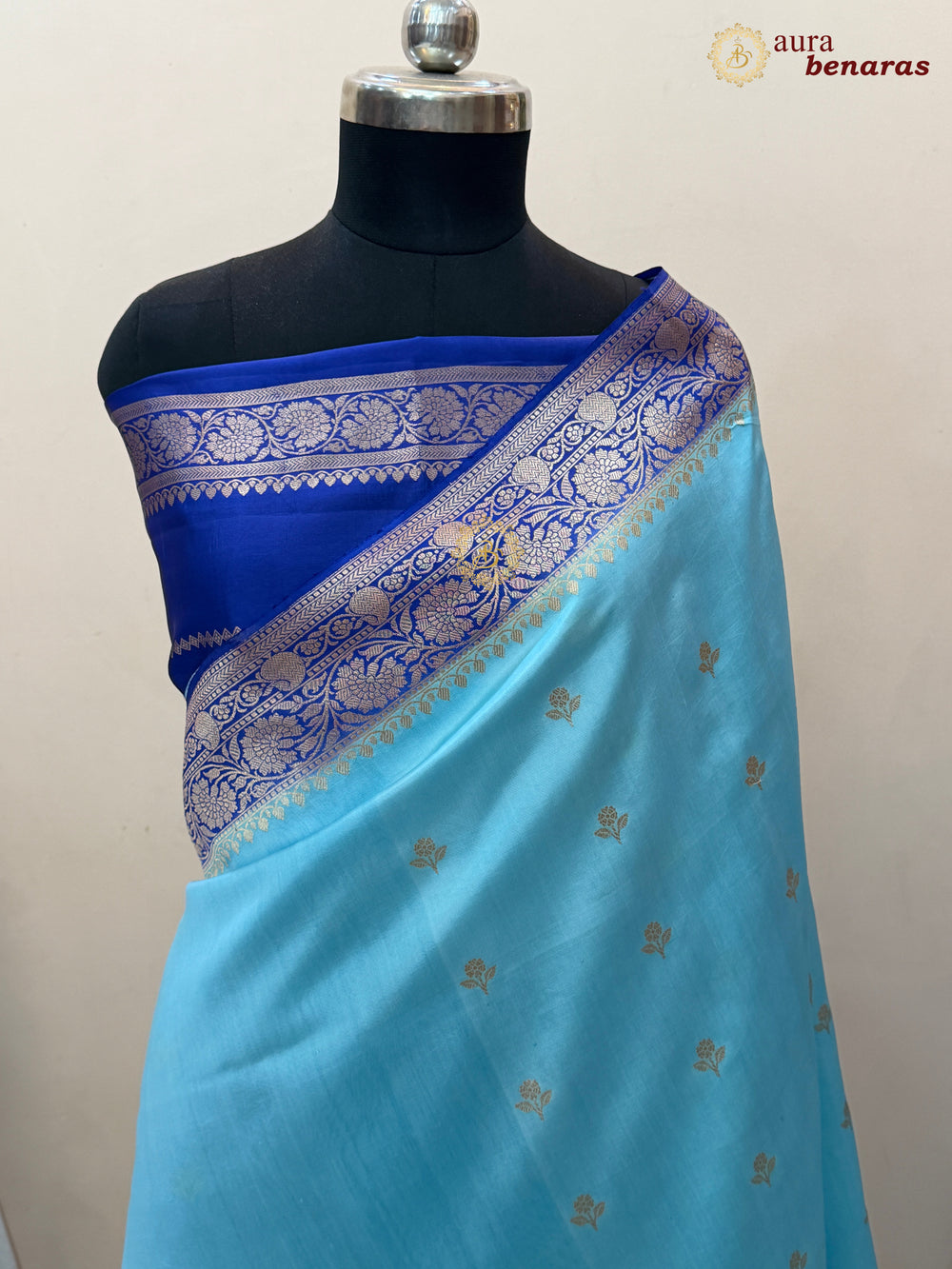 Buy Sky Blue Pure Banarasi Handloom Silk Saree Aura Benaras