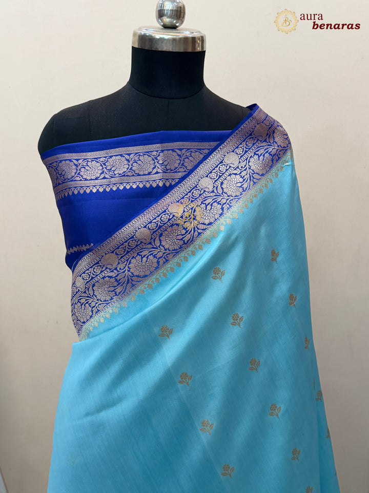 Buy Sky Blue Pure Banarasi Handloom Silk Saree Aura Benaras