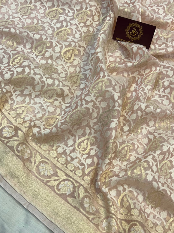 Pale Pink Banarasi Handloom Kora Silk Saree - Aura Benaras