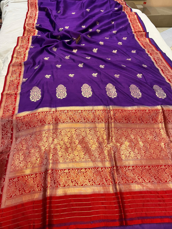 Pure silk Banarasi handloom saree with Kadhwa floral motifs and golden zari border