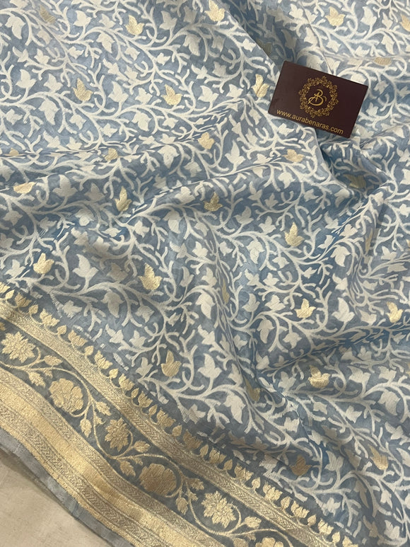 Pale Blue Banarasi Handloom Kora Silk Saree - Aura Benaras