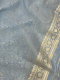 Pale Blue Banarasi Handloom Kora Silk Saree - Aura Benaras