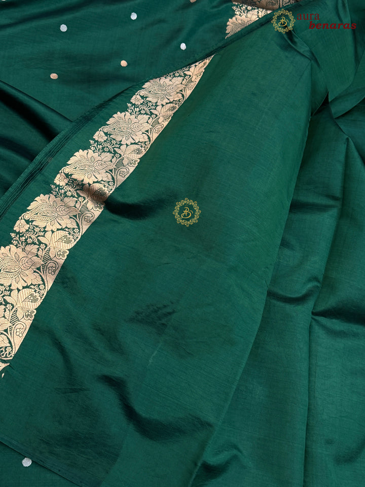 Bottle Green Pure Banarasi Handloom Silk Saree - Aura Benaras