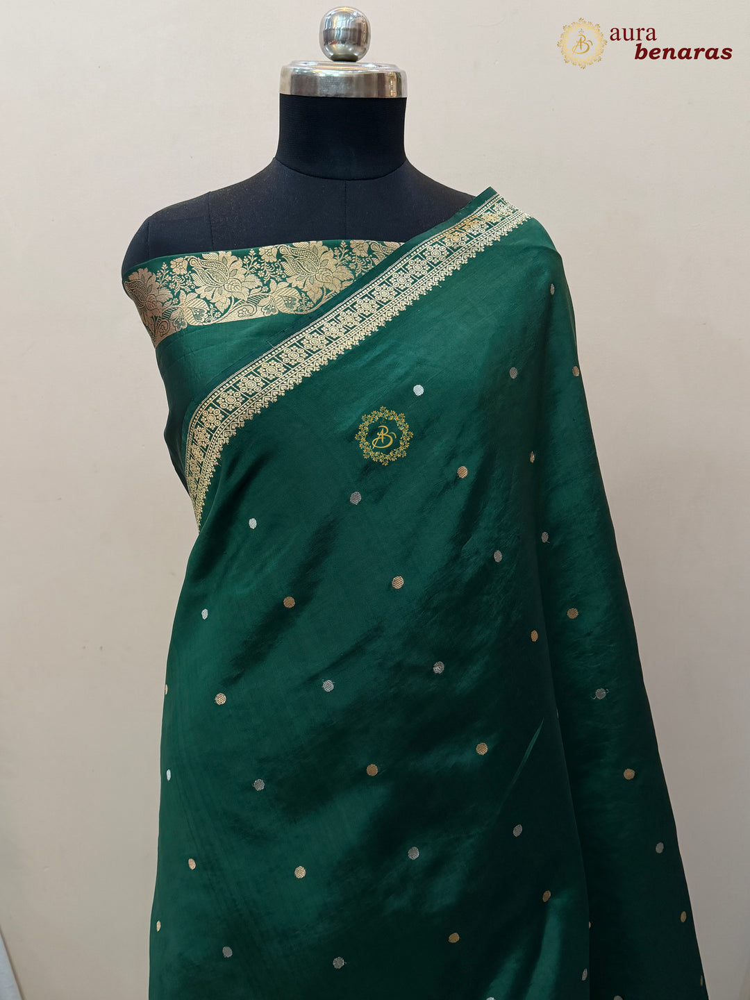 Bottle Green Pure Banarasi Handloom Silk Saree - Aura Benaras