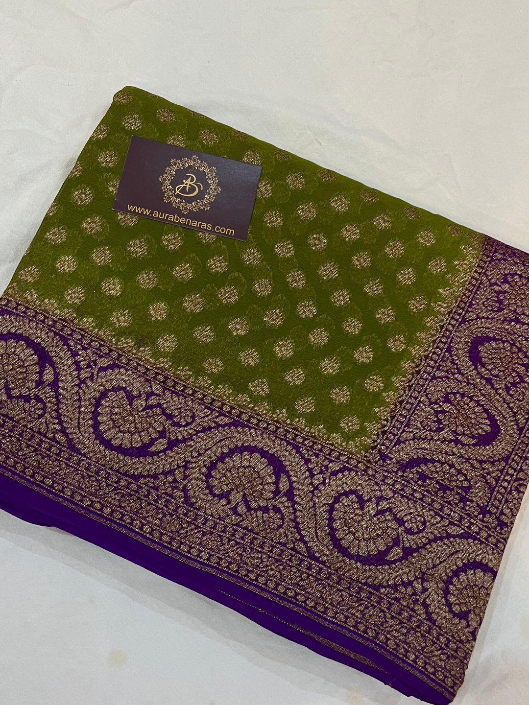 Mehendi Green Pure Banarasi Khaddi Georgette Saree - Aura Benaras