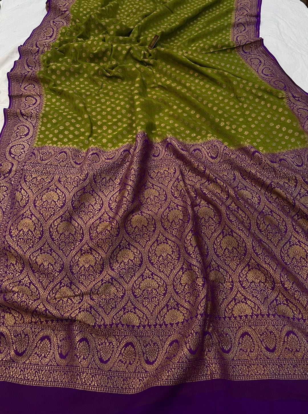 Mehendi Green Pure Banarasi Khaddi Georgette Saree - Aura Benaras