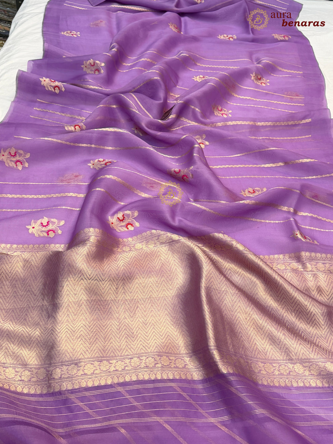 Lavender Pure Kora Silk Handloom Banarasi Saree with Kadhwa Weave