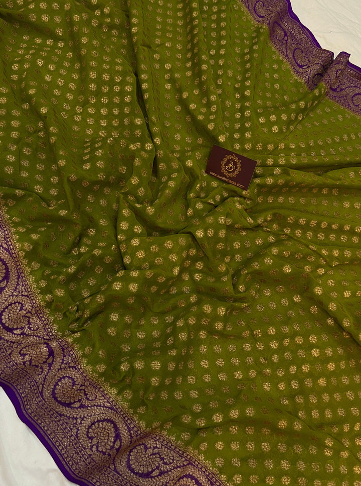 Mehendi Green Pure Banarasi Khaddi Georgette Saree - Aura Benaras