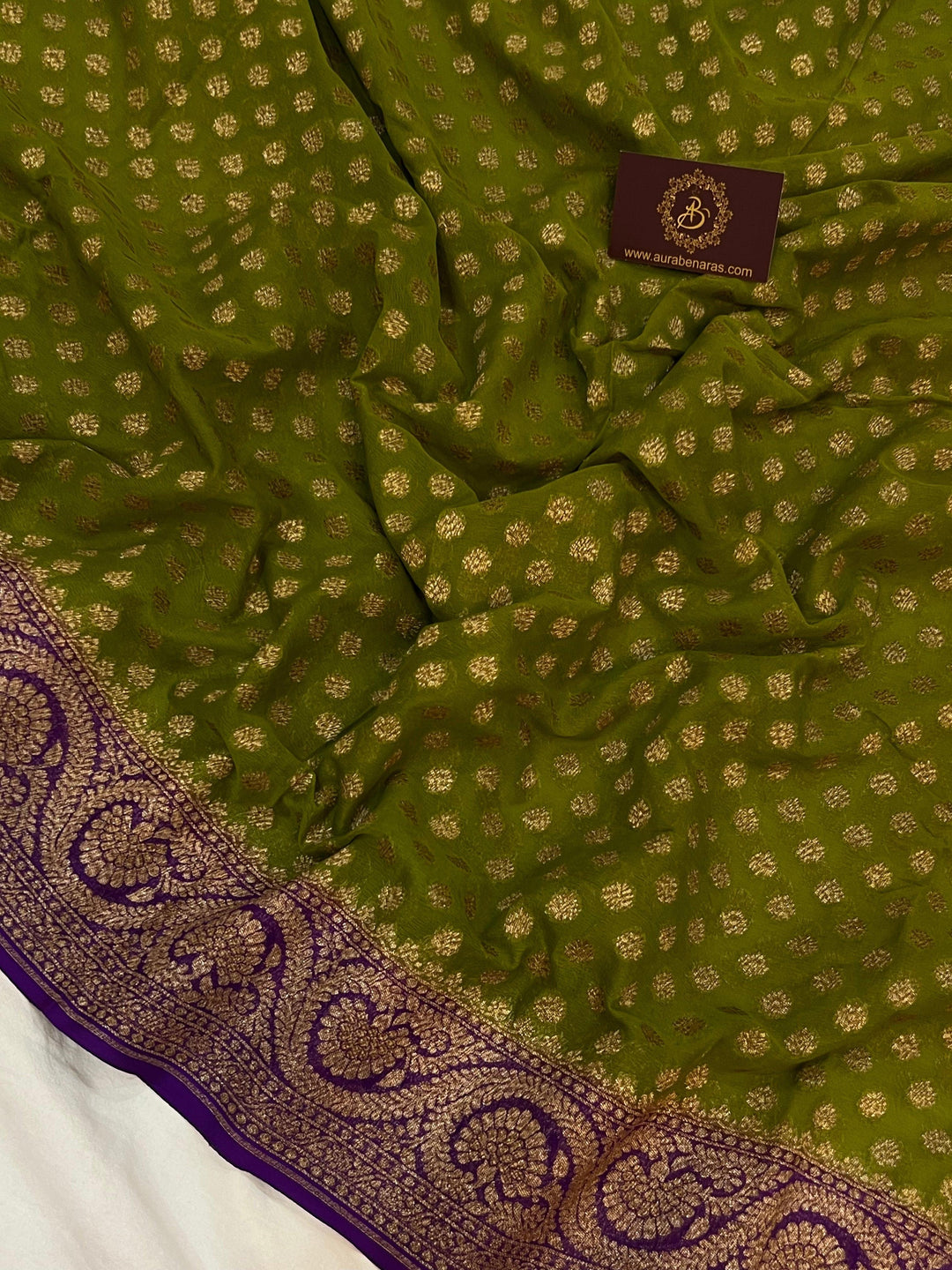Mehendi Green Pure Banarasi Khaddi Georgette Saree - Aura Benaras