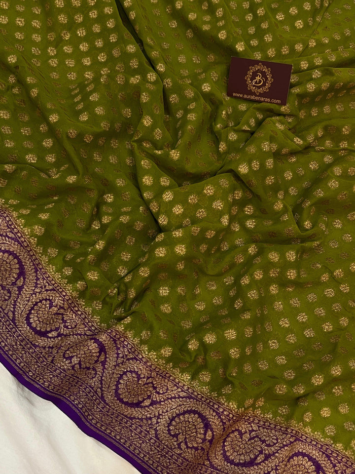 Mehendi Green Pure Banarasi Khaddi Georgette Saree - Aura Benaras