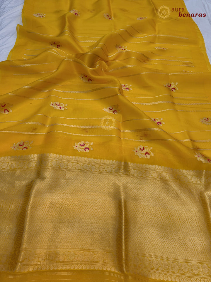 Yellow Pure Kora Silk Handloom Banarasi Saree with Kadhwa Weave