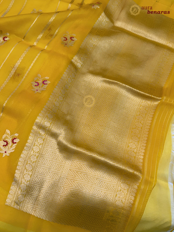 Yellow Pure Kora Silk Handloom Banarasi Saree with Kadhwa Weave