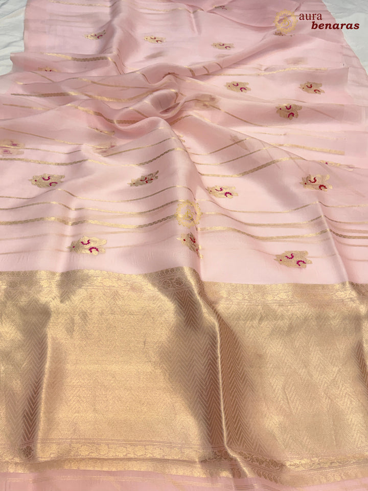 Pale Pink Pure Kora Silk Handloom Banarasi Saree with Kadhwa Weave