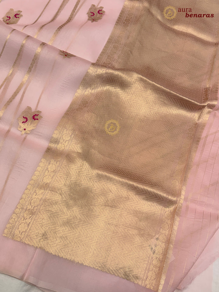 Pale Pink Pure Kora Silk Handloom Banarasi Saree with Kadhwa Weave