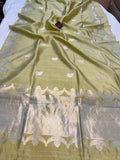 Pastel Olive Green Pure Banarasi Handloom Silk Saree - Aura Benaras