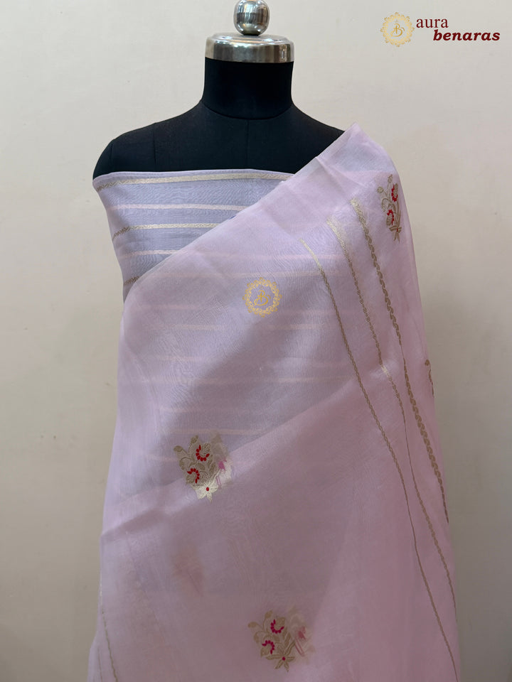 Pale Pink Pure Kora Silk Handloom Banarasi Saree with Kadhwa Weave