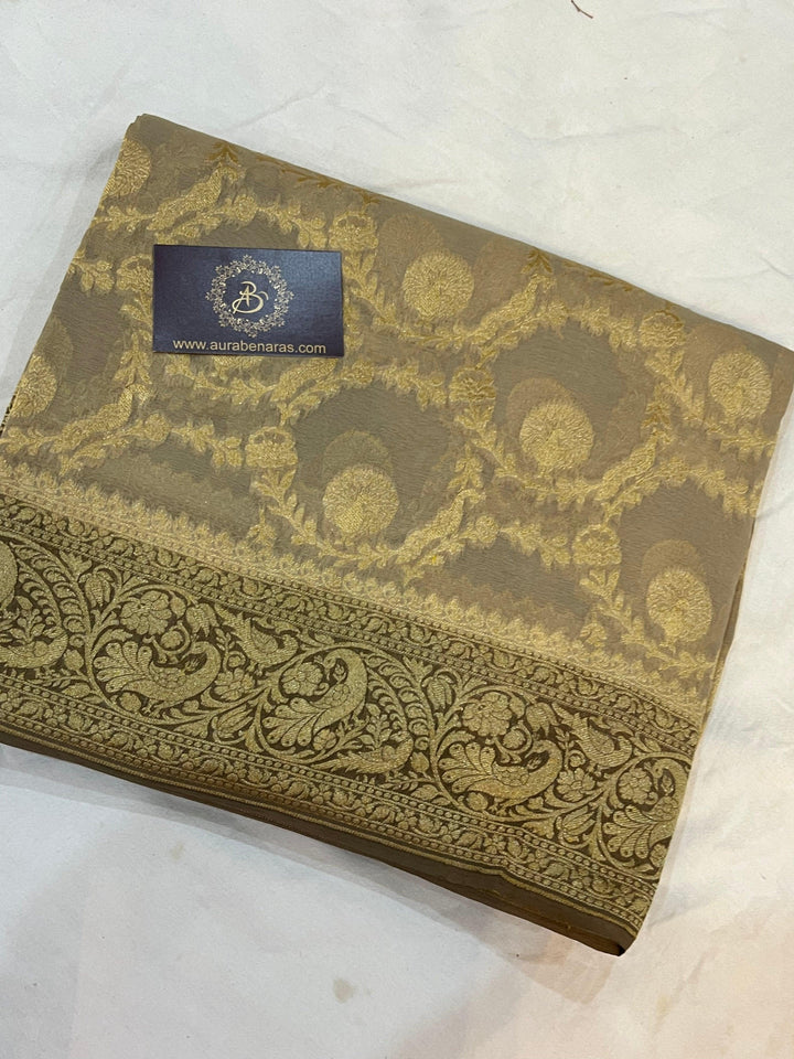 Light Grey Banarasi Khaddi Georgette Saree - Aura Benaras