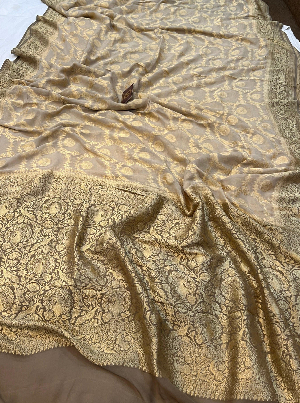 Light Grey Banarasi Khaddi Georgette Saree - Aura Benaras