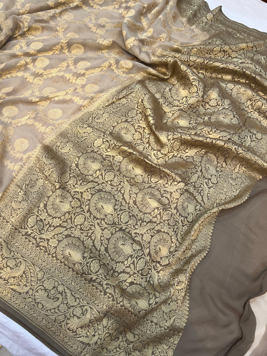 Light Grey Banarasi Khaddi Georgette Saree - Aura Benaras