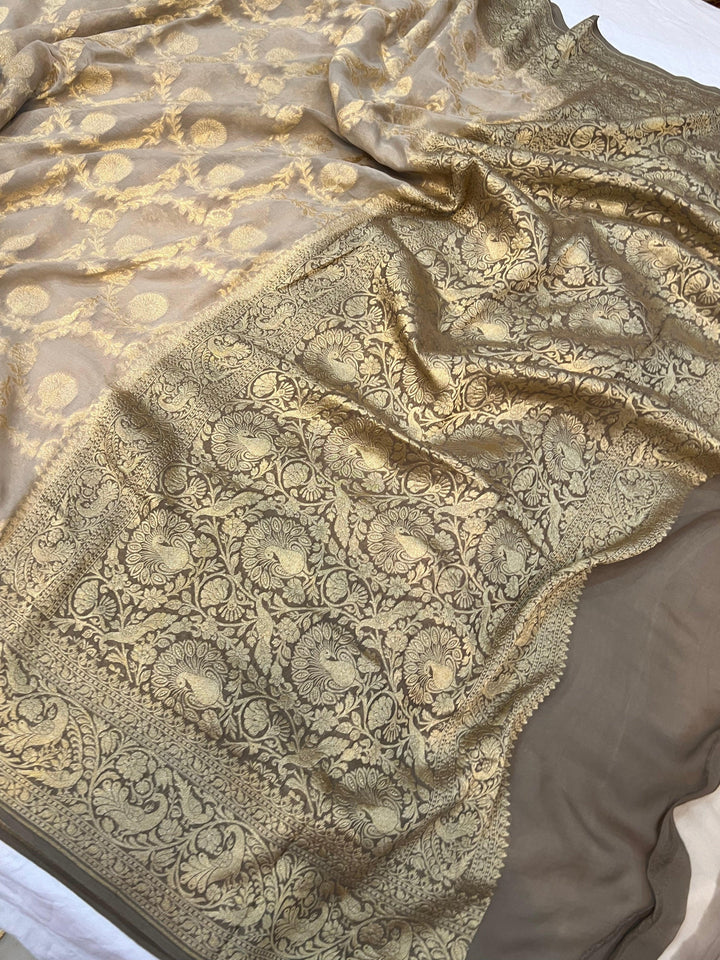Light Grey Banarasi Khaddi Georgette Saree - Aura Benaras