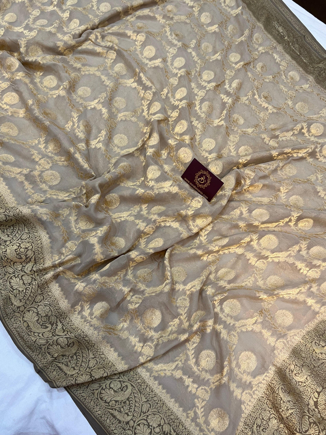 Light Grey Banarasi Khaddi Georgette Saree - Aura Benaras