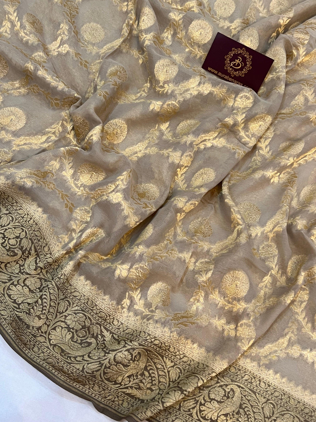 Light Grey Banarasi Khaddi Georgette Saree - Aura Benaras