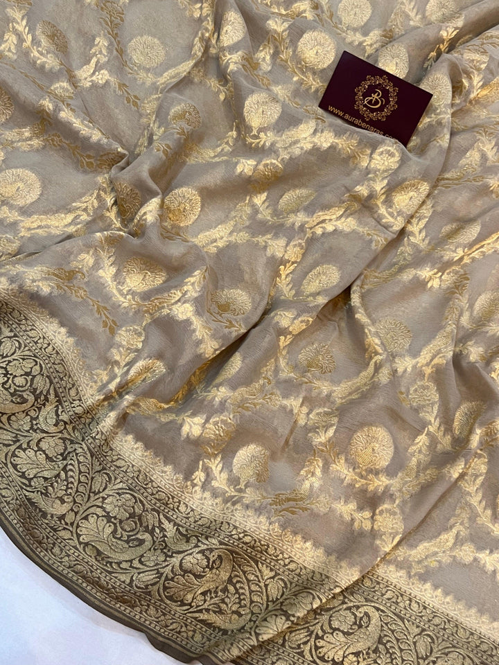 Light Grey Banarasi Khaddi Georgette Saree - Aura Benaras