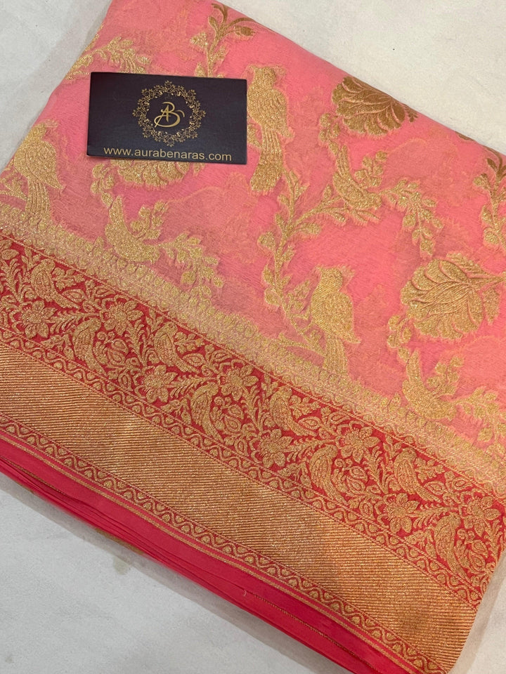 Light Peach Banarasi Khaddi Georgette Saree - Aura Benaras