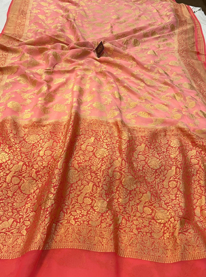 Light Peach Banarasi Khaddi Georgette Saree - Aura Benaras