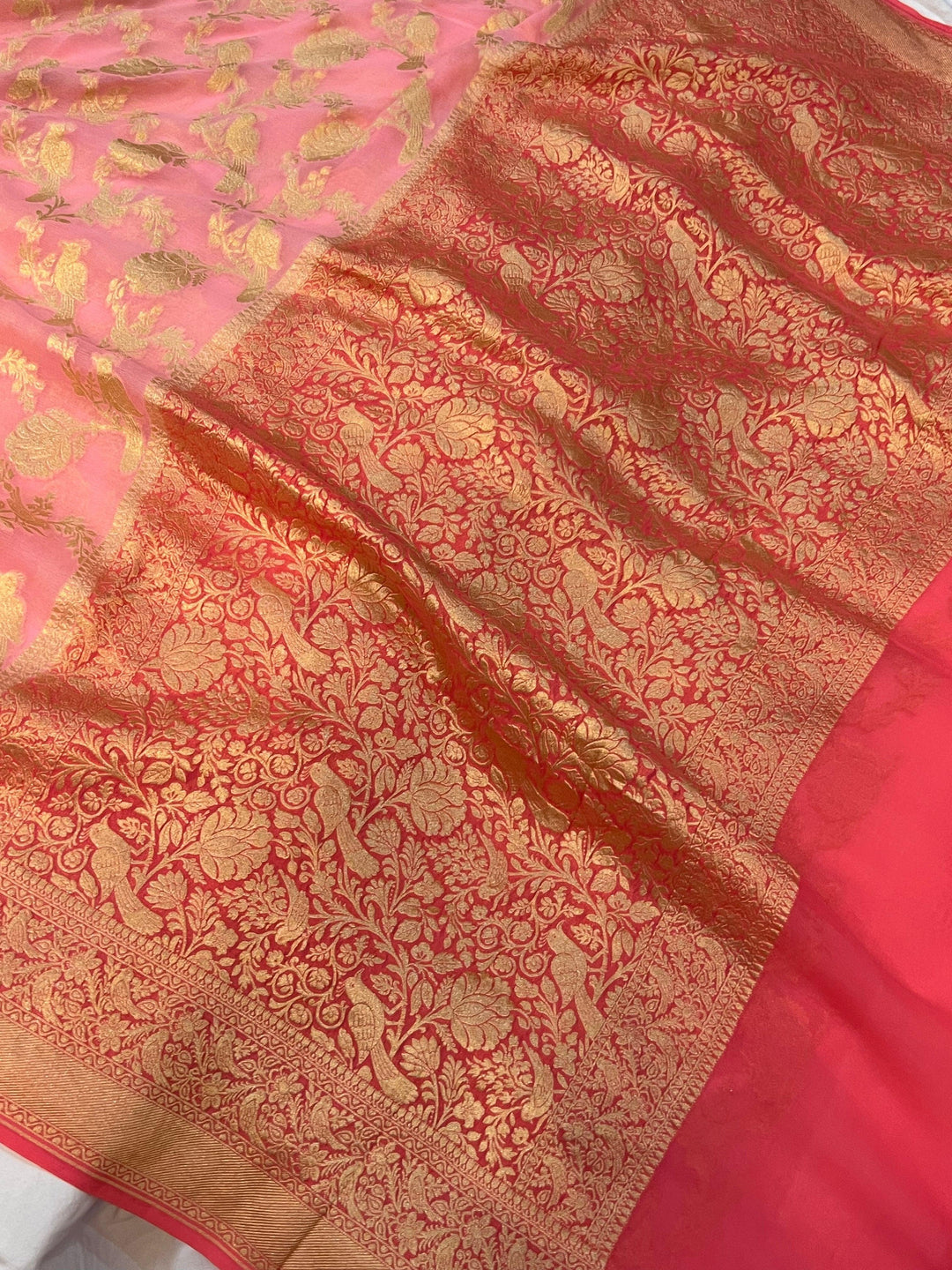 Light Peach Banarasi Khaddi Georgette Saree - Aura Benaras